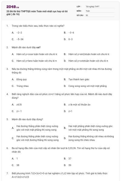 20 Đề thi thử THPTQG môn Toán mới nhất cực hay có lời giải ( đề 16)