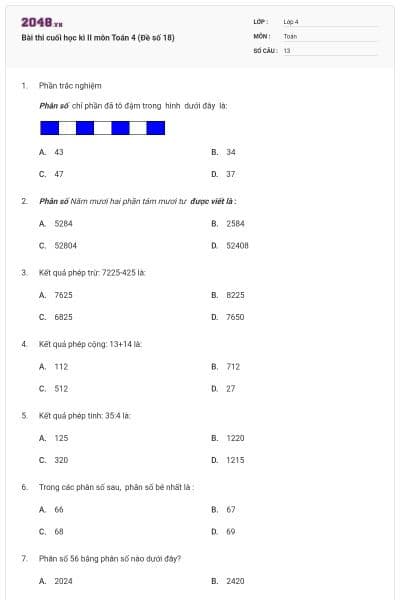 Bài thi cuối học kì II môn Toán 4 (Đề số 18)