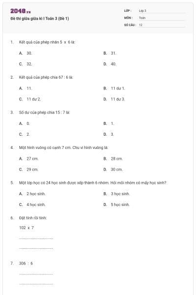 Đề thi giữa giữa kì I Toán 3 (Đề 1)