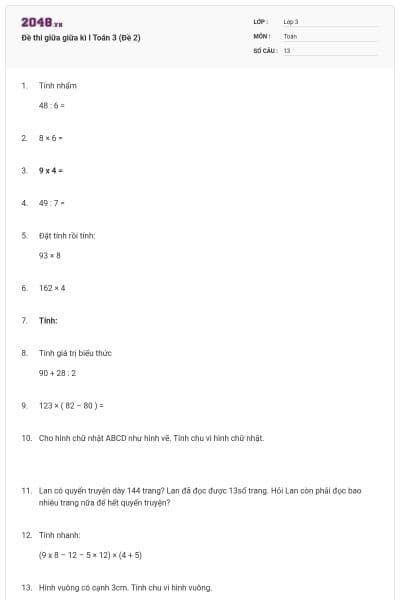 Đề thi giữa giữa kì I Toán 3 (Đề 2)