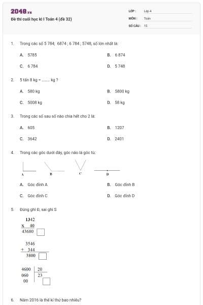 Đề thi cuối học kì I Toán 4 (đề 32)