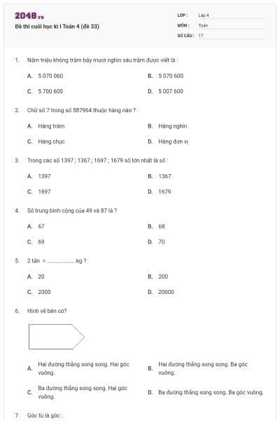 Đề thi cuối học kì I Toán 4 (đề 33)