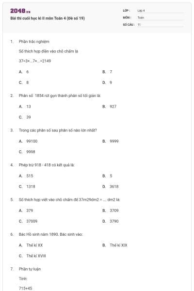 Bài thi cuối học kì II môn Toán 4 (Đề số 19)