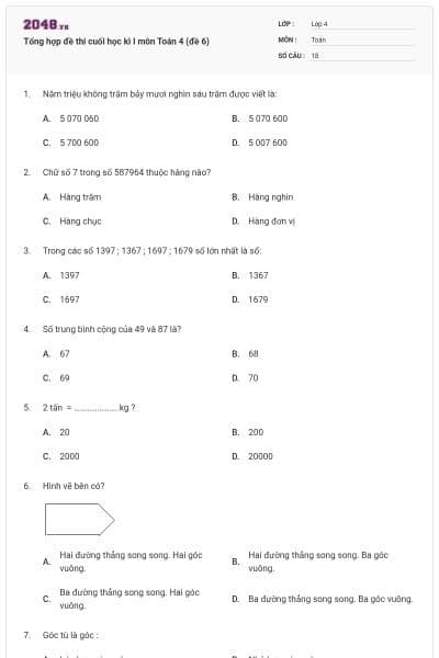 Tổng hợp đề thi cuối học kì I môn Toán 4 (đề 6)