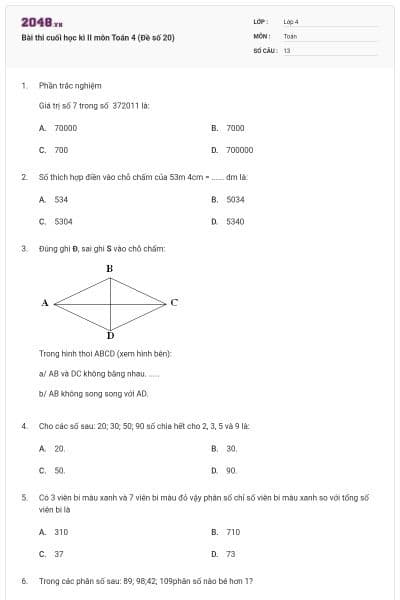 Bài thi cuối học kì II môn Toán 4 (Đề số 20)