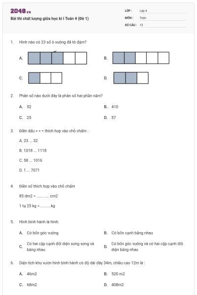 Bài thi chất lượng giữa học kì I Toán 4 (Đề 1)