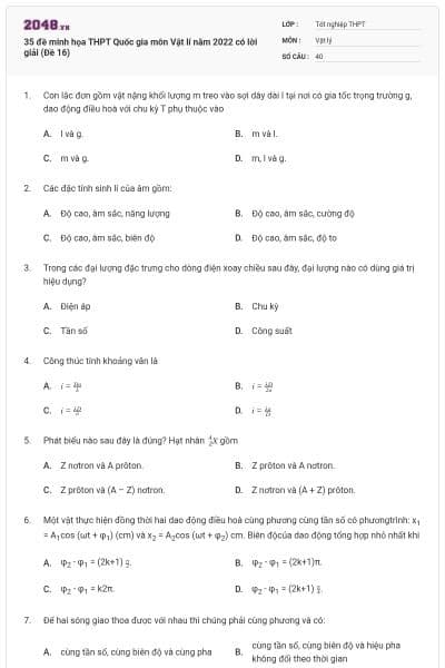 35 đề minh họa THPT Quốc gia môn Vật lí năm 2022 có lời giải (Đề 16)