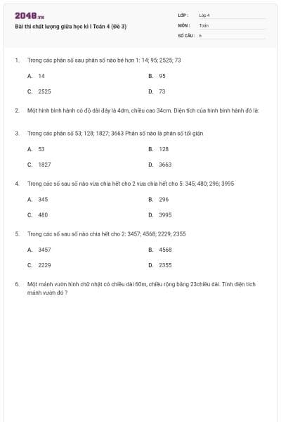 Bài thi chất lượng giữa học kì I Toán 4 (Đề 3)