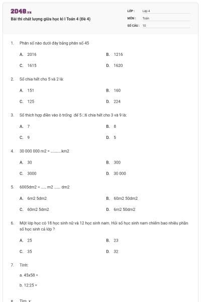 Bài thi chất lượng giữa học kì I Toán 4 (Đề 4)