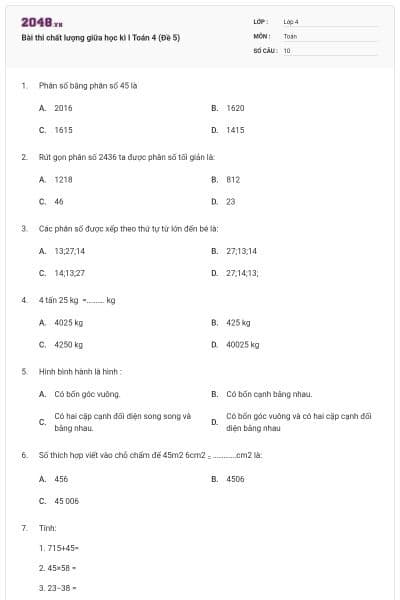 Bài thi chất lượng giữa học kì I Toán 4 (Đề 5)
