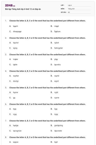 Bài tập Tiếng Anh lớp 6 Unit 12 có đáp án