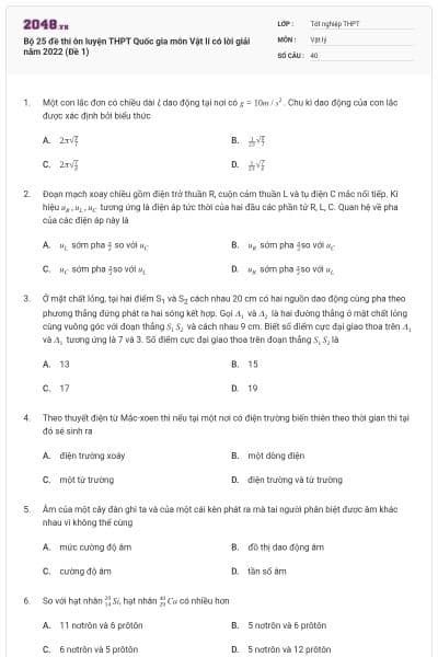 Bộ 25 đề thi ôn luyện THPT Quốc gia môn Vật lí có lời giải năm 2022 (Đề 1)