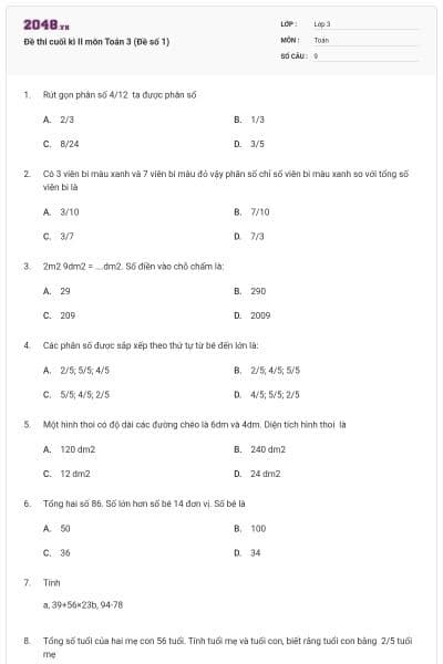 Đề thi cuối kì II môn Toán 3 (Đề số 1)