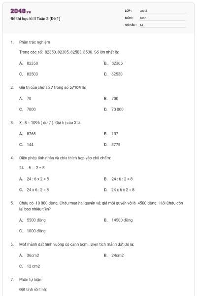 Đề thi học kì II Toán 3 (Đề 1)