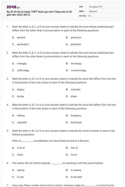 Bộ 20 đề thi ôn luyện THPT Quốc gia môn Tiếng anh có lời giải năm 2022 (Đề 2)
