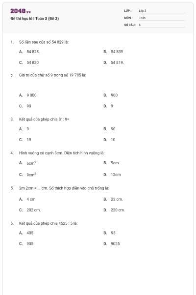 Đề thi học kì I Toán 3 (Đề 3)