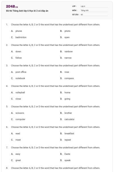 Đề thi Tiếng Anh lớp 6 Học kì 2 có đáp án
