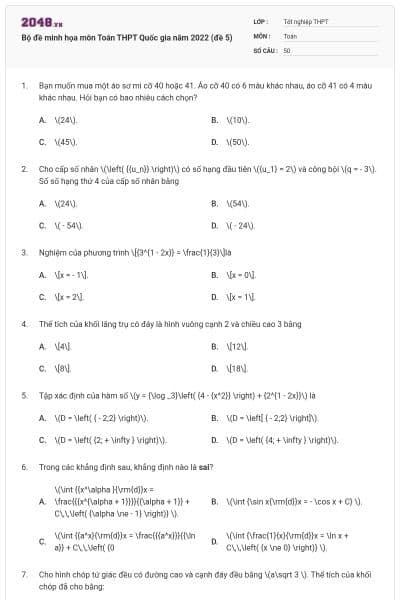 Bộ đề minh họa môn Toán THPT Quốc gia năm 2022 (đề 5)