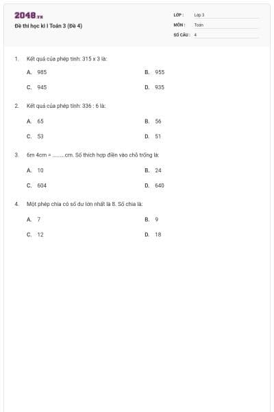 Đề thi học kì I Toán 3 (Đề 4)