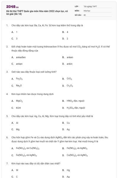 Đề thi thử THPT Quốc gia môn Hóa năm 2022 chọn lọc, có lời giải (Đề 18)