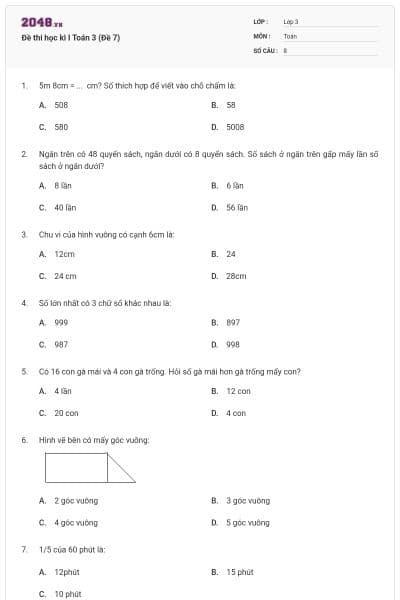Đề thi học kì I Toán 3 (Đề 7)