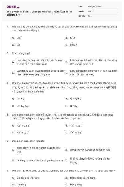 35 đề minh họa THPT Quốc gia môn Vật lí năm 2022 có lời giải (Đề 17)