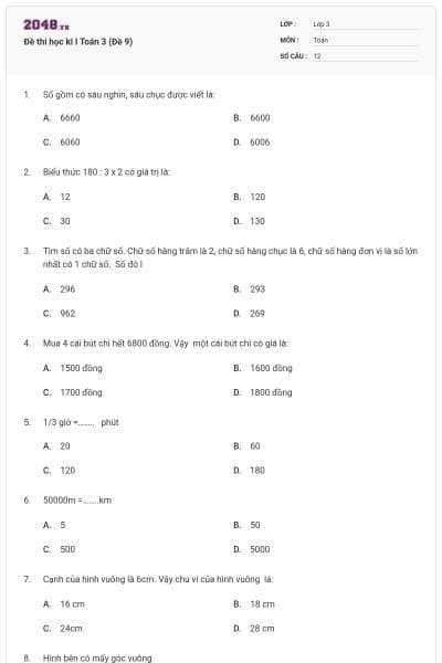 Đề thi học kì I Toán 3 (Đề 9)