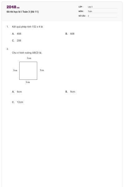Đề thi học kì I Toán 3 (Đề 11)