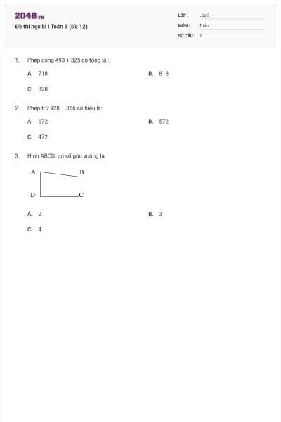 Đề thi học kì I Toán 3 (Đề 12)