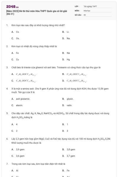 [Năm 2022] Đề thi thử môn Hóa THPT Quốc gia có lời giải (Đề 21)