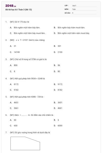 Đề thi học kì I Toán 3 (Đề 13)