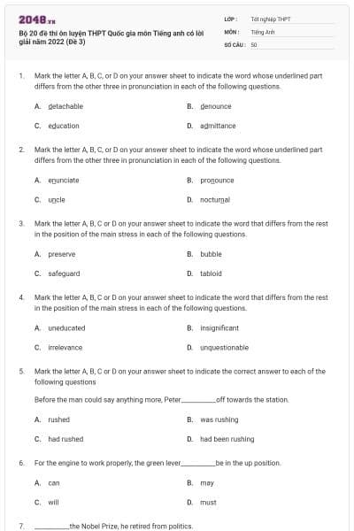 Bộ 20 đề thi ôn luyện THPT Quốc gia môn Tiếng anh có lời giải năm 2022 (Đề 3)
