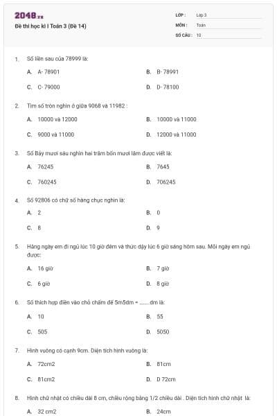 Đề thi học kì I Toán 3 (Đề 14)