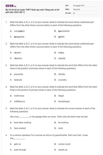 Bộ 25 đề thi ôn luyện THPT Quốc gia môn Tiếng anh có lời giải năm 2022 (Đề 1)
