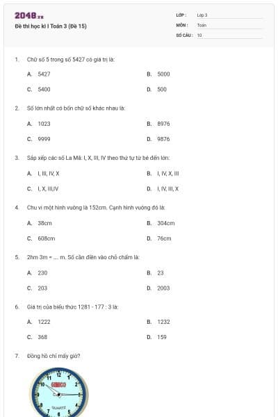 Đề thi học kì I Toán 3 (Đề 15)