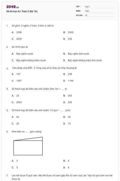 Đề thi học kì I Toán 3 (Đề 16)