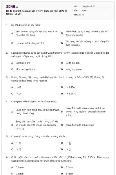 Bộ đề thi minh họa môn Vật lí THPT Quốc gia năm 2022 có lời giải (Đề 28)
