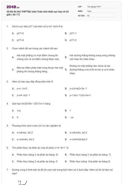 20 Đề thi thử THPTQG môn Toán mới nhất cực hay có lời giải ( đề 17)
