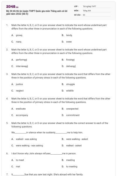 Bộ 20 đề thi ôn luyện THPT Quốc gia môn Tiếng anh có lời giải năm 2022 (Đề 5)