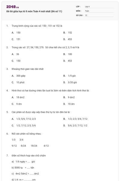Đề thi giữa học kì II môn Toán 4 mới nhất (Đề số 11)