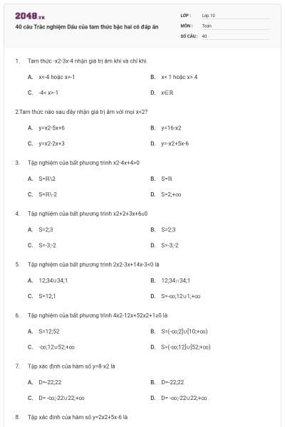 40 câu Trắc nghiệm Dấu của tam thức bậc hai có đáp án