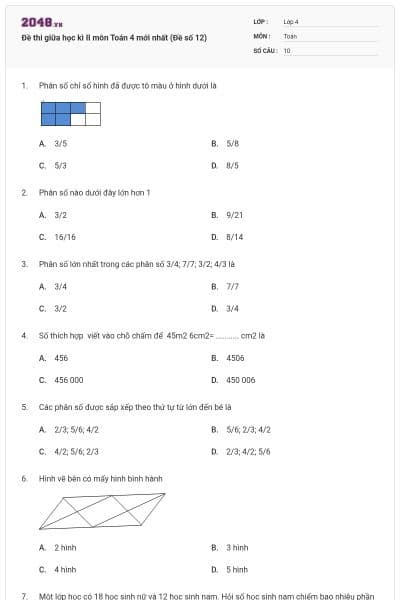 Đề thi giữa học kì II môn Toán 4 mới nhất (Đề số 12)