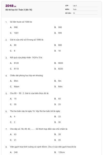Đề thi học kì I Toán 3 (Đề 18)