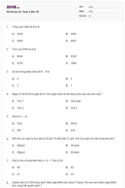 Đề thi học kì I Toán 3 (Đề 19)