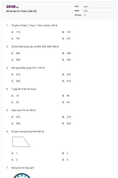 Đề thi học kì I Toán 3 (Đề 20)