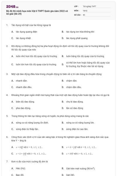 Bộ đề thi minh họa môn Vật lí THPT Quốc gia năm 2022 có lời giải (Đề 29)