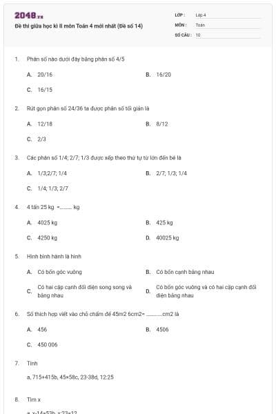 Đề thi giữa học kì II môn Toán 4 mới nhất (Đề số 14)