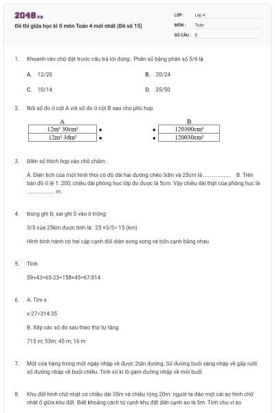Đề thi giữa học kì II môn Toán 4 mới nhất (Đề số 15)