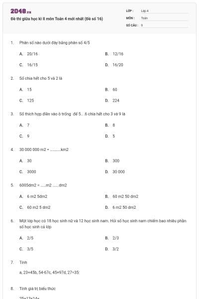 Đề thi giữa học kì II môn Toán 4 mới nhất (Đề số 16)