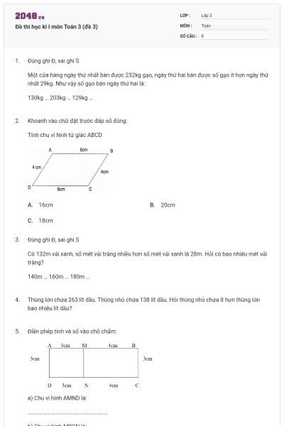 Đề thi học kì I môn Toán 3 (đề 3)